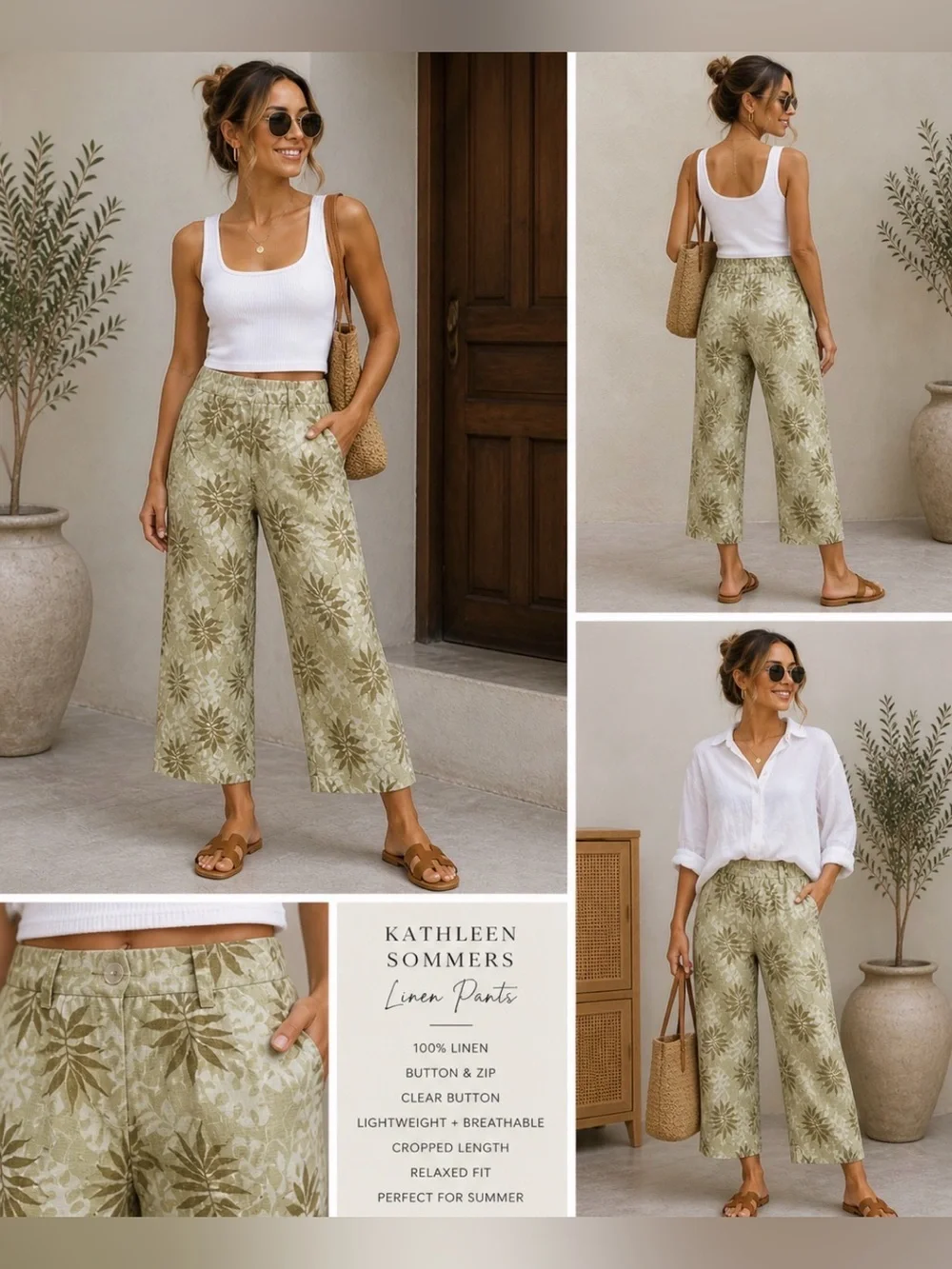 Kathleen Sommers Linen Cropped Linen Pants Size 8 Green Leaf Print Lightweight
